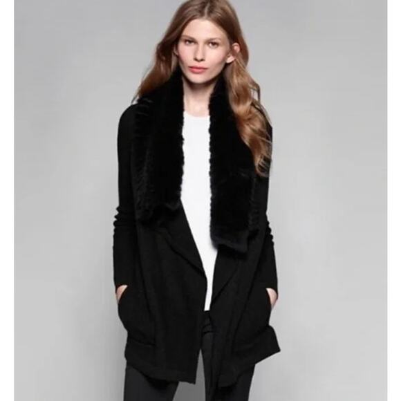 Theory Long Sleeve Maritza Genuine Rabbit Collar Cardigan Black Size Medium - Picture 1 of 8